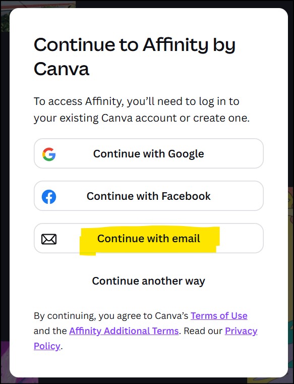 Canva sign-in options with Continue with email highlighted